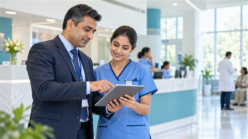 Hospital team coordinating operations at reception
